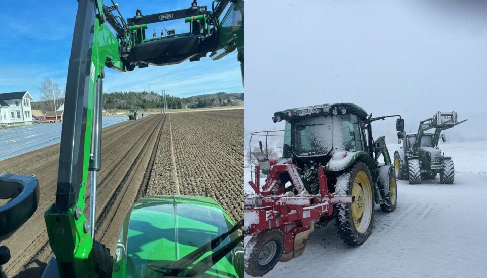 To bilder ved siden av hverandre: Det første bildet viser blå himmel over potetåkeren sett fra førerhuset i en John Deere. Det andre bildet viser to snødekte traktorer i et hvitt snødekt landskap.