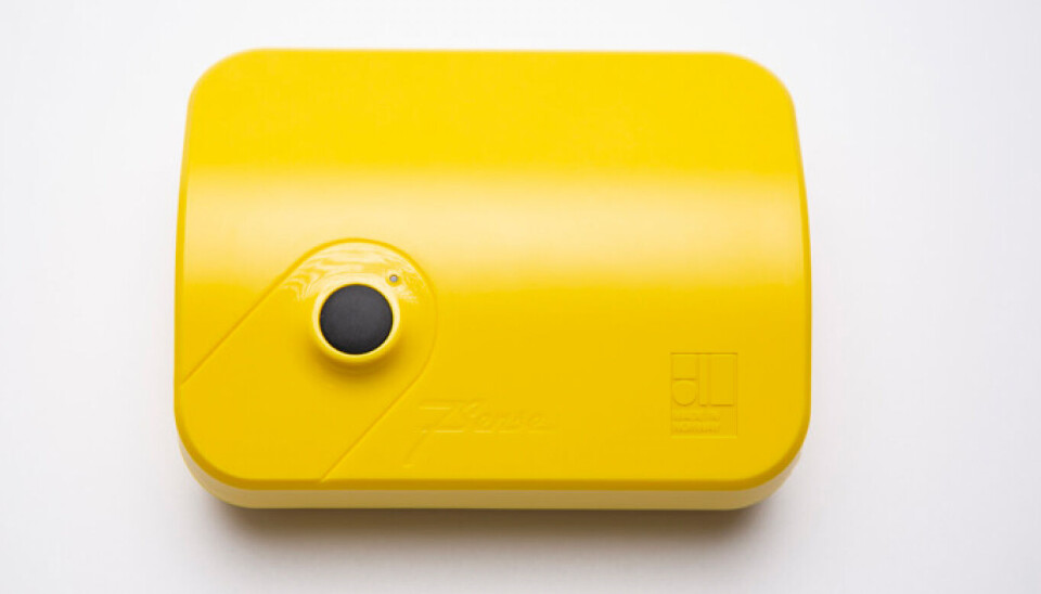 Og slik ser merket ut diskret plassert på en vanningssensor fra 7Sense Agritech AS. Vanningssensor med opphavsmerket Made in Norway