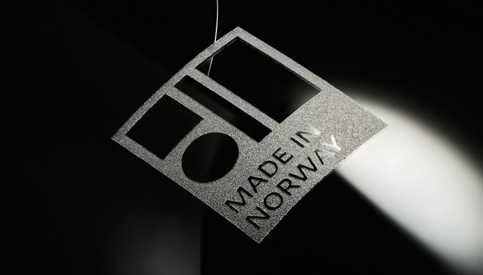 Slik ser opprinnelsesmerket 'Made in Norway' ut. Opprinnelsesmerket Made in Norway etset i glass.