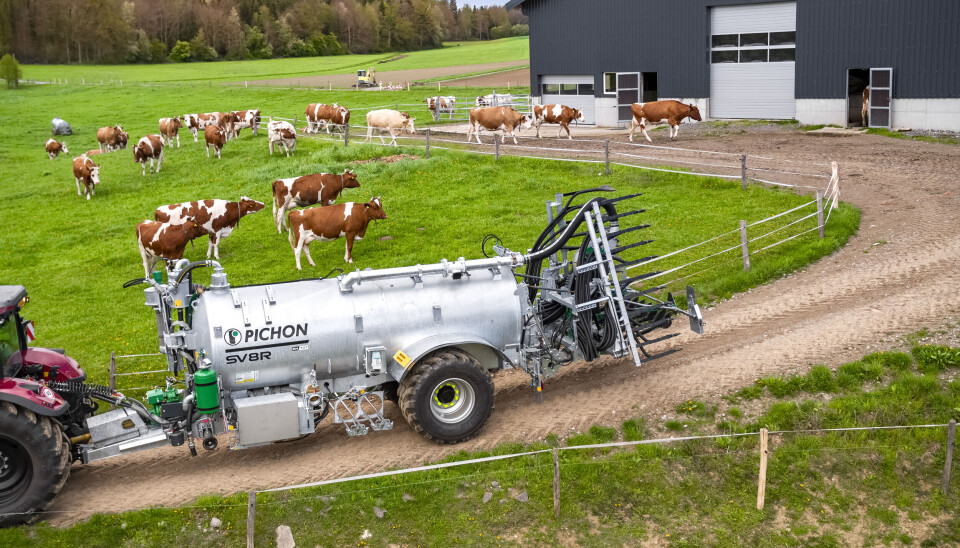 De minste vognene i Pichon SV-serien skal være bygd for å handtere krevende terreng. Gjødselvogn fra Pichon sett i miljø med svart driftsbygning og melkekyr i bakgrunnen.
