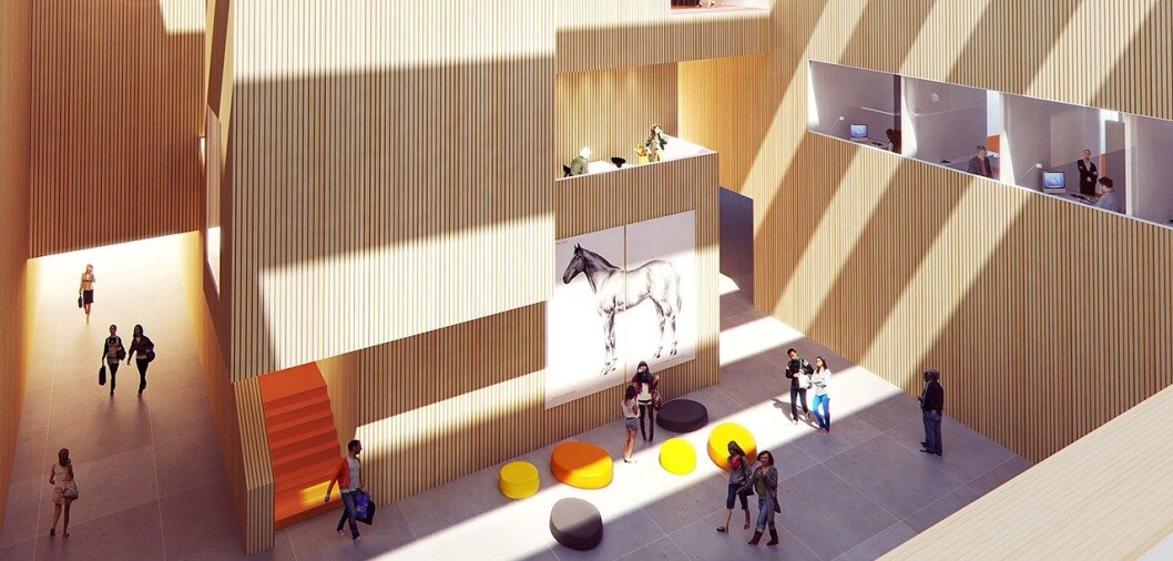 Innvendig detalj fra det nye Veterinærbygget på Ås. Illustrasjon: Statsbygg Innvendig detalj fra det nye Veterinærbygget på Ås. Illustrasjon: Statsbygg