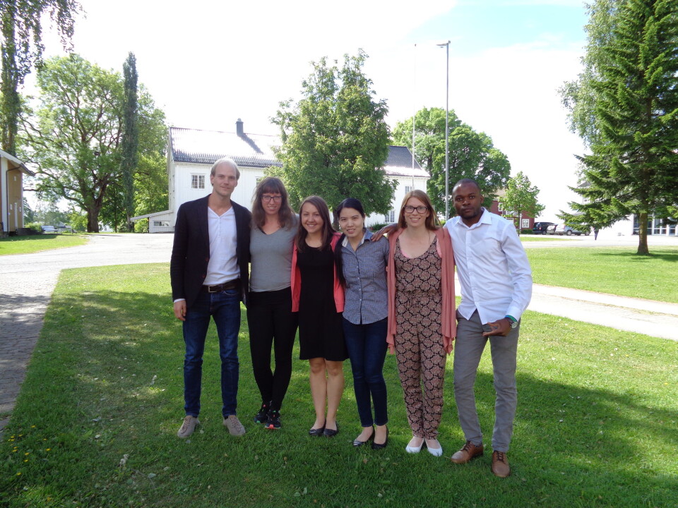 Glade masterstudenter: Leif Peder Hafsal (f.v), Rebekka Bond, Anna Elise Gibson (USA), Thi Nhan Doan (Vietnam), Hilde Hegnes og Simon Haidula (Namibia). Foto: Blæstad.