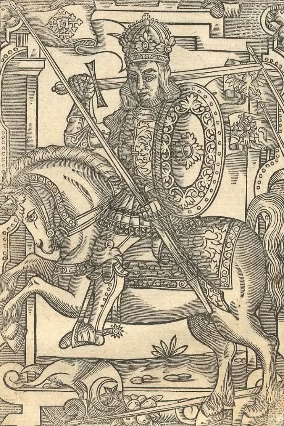 Mindaugas I. ble kronet som Litauens første konge i 1251.Han avbildes ofte som en stolt kriger på hesteryggen,som i dette stikket av Alexander Guagnini.
