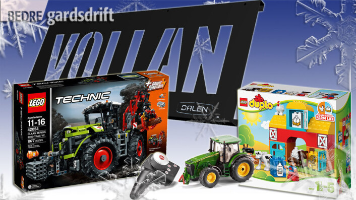 Premiar julaftan: Gardsnamnskilt i stål, 2x1 meter, frå Dalen. Lego Technic Claas Xerion frå Lego. Siku Control modelltraktor frå Siku. Duplo Min første bondegård frå Lego. Premiar julaftan: Gardsnamnskilt i stål, 2x1 meter, frå Dalen. Lego Technic Claas Xerion frå Lego. Siku Control modelltraktor frå Siku. Duplo Min første bondegård frå Lego. 