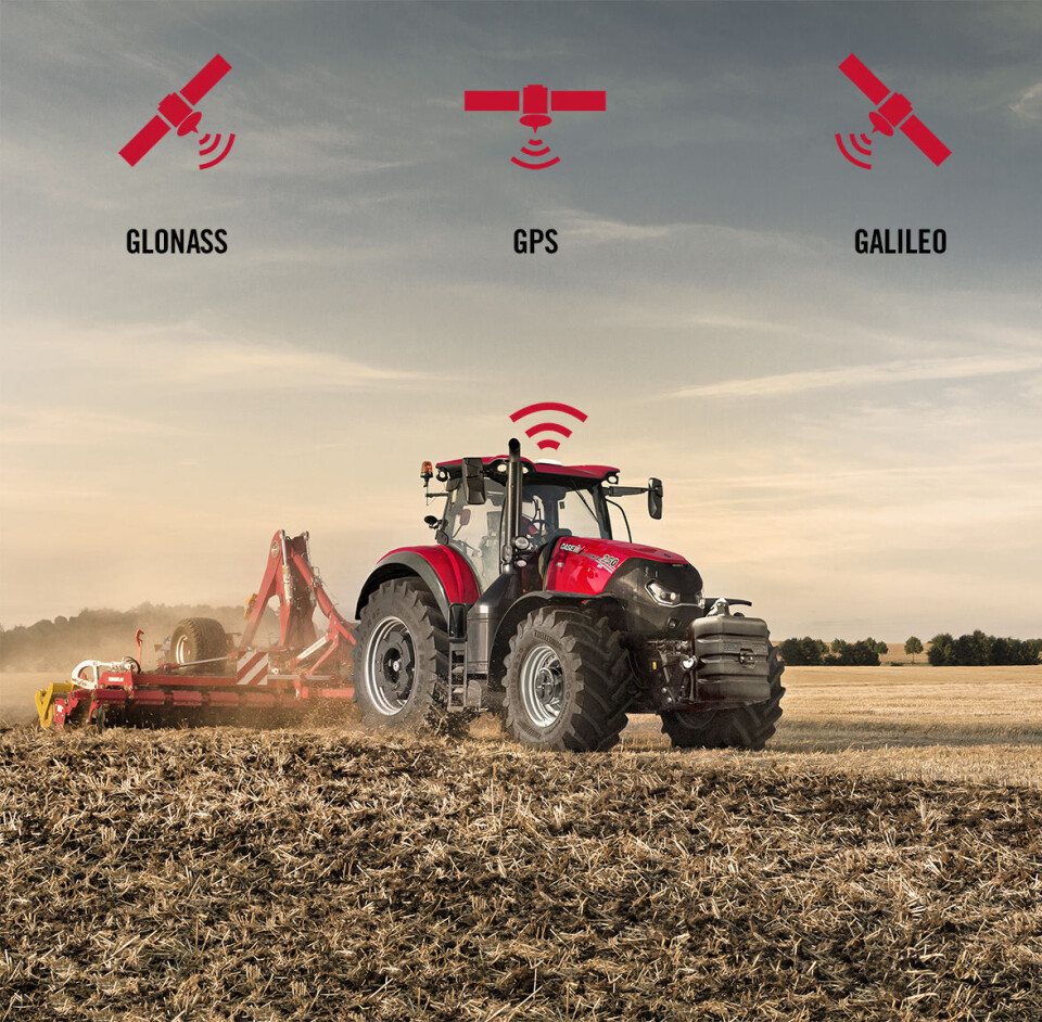 Case IH ute på jordet med symboler for tre ulike satellittsystemer - Glonass, GPS og Galileo - hengende over seg på himmelen.