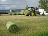 Traktor i drift på jordet i forbindelse med rundballepakking.