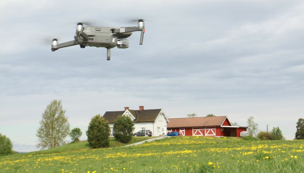 Høy avling gir positive utslag i klimakalkulatoren. Her er en drone i gang med avlingsmåling i Innlandet.