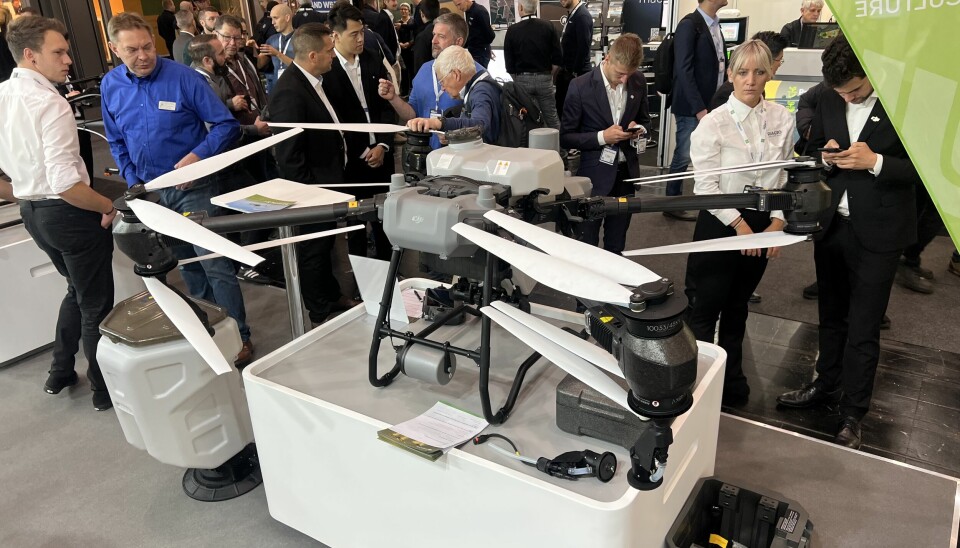 En drone fra DJI utstilt på Agritechnica 2023 i Tyskland.